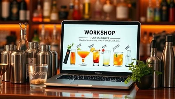 An aesthetically pleasing bar setup with cocktail shakers, fresh ingredients, and a laptop displaying a virtual cocktail making workshop, exuding a lively and engaging atmosphere perfect for mixology enthusiasts.