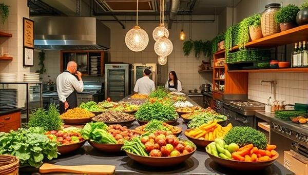 An artisanal kitchen bustling with activity, showcasing chefs preparing vibrant plant-based dishes with fresh ingredients, exuding a sense of culinary artistry and health-consciousness.