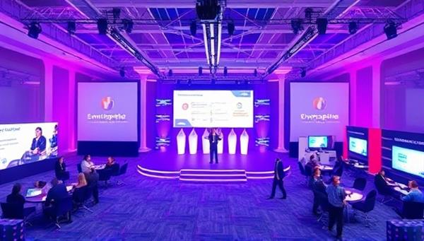 An immersive visual of a virtual event space on EventSphere Online, featuring a virtual stage with keynote speakers, interactive booths for sponsors, and networking lounges for attendees, illustrating a dynamic and engaging online event environment.