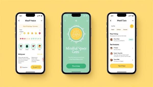 A mobile screen mockup showcasing the Mindful Space app interface with mood tracking tools, meditation sessions, self-care resources, and a supportive community chat feature, highlighting the user-centric design and mental wellness support available on the go.