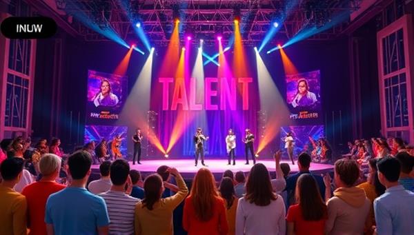 An animated virtual stage with colorful spotlights, cheering avatars, and a diverse audience watching talented performers showcasing their skills, capturing the essence of an online talent show platform.