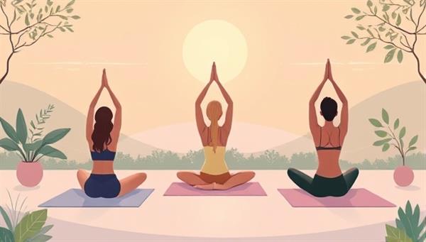 A serene digital illustration depicting a virtual yoga session with participants in various poses, surrounded by calming nature elements and tranquil vibes, creating a virtual retreat atmosphere that promotes relaxation and inner peace.