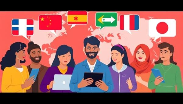 An artistic representation of diverse individuals from different cultures engaging in virtual language exchange sessions through LingoHub, with language flags, speech bubbles, and digital devices symbolizing the global connection and language learning experience.