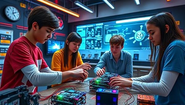 An innovative virtual STEM lab setting with teenagers engaged in a hands-on robotics project, surrounded by high-tech equipment, colorful circuit boards, and a futuristic digital interface, inspiring curiosity and creativity in STEM fields.