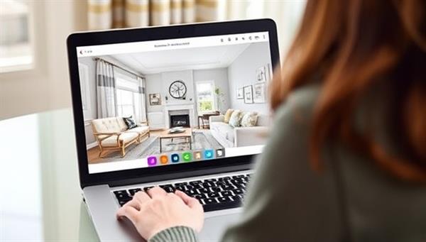 A laptop displaying a virtual interior design consultation session with a designer sharing screen visuals of room layouts, color schemes, and furniture suggestions, creating a collaborative and inspiring design process.