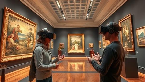 An immersive virtual art gallery scene with AI-powered avatars guiding users through a digital exhibition space filled with iconic artworks, historical artifacts, and interactive features, offering a captivating and educational art tour experience.