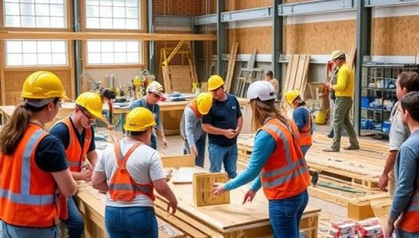A vibrant workshop setting with participants wearing safety gear and actively engaged in hands-on construction activities, surrounded by tools, materials, and instructors guiding the learning process, capturing the dynamic and educational atmosphere of a pop-up construction skills workshop.