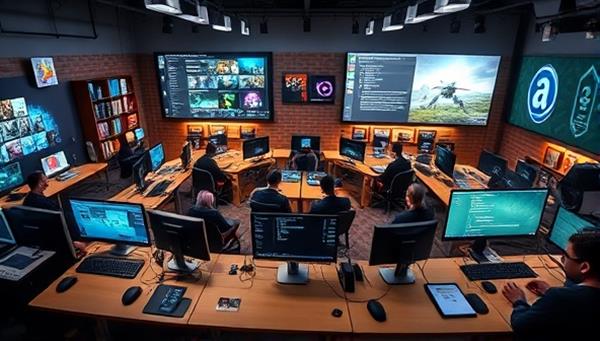 An online workshop environment with virtual classrooms, interactive coding tutorials, and 3D modeling tools, surrounded by digital representations of game development concepts and projects, creating an immersive and educational setting for aspiring game developers.