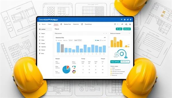 An interface mockup of the ConstructPro Manager platform, displaying a project dashboard with Gantt charts, budget summaries, and communication tools, surrounded by construction helmets and blueprint sketches, symbolizing efficient project management in the digital age.