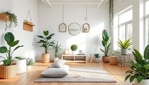 An inviting virtual wellness studio setting with a variety of wellness products, plants, and fitness equipment, creating a serene and inspiring atmosphere that embodies the holistic approach of WellNest.