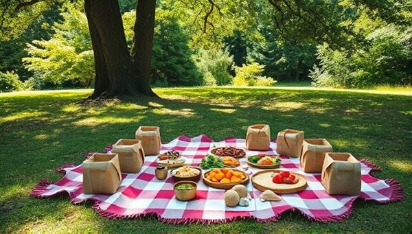 A beautifully set picnic blanket under a shady tree, adorned with a variety of fresh, colorful foods in eco-friendly containers, surrounded by nature to evoke a sense of tranquility and sustainability.