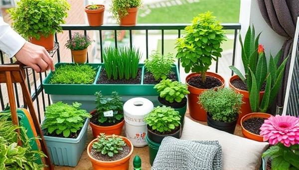 A cozy balcony garden setup showcasing the GreenThumb Haven kit in action, with lush green plants, potted herbs, and blooming flowers in a compact space, surrounded by gardening tools and a welcoming outdoor seating area, inviting users to create their green oasis at home.