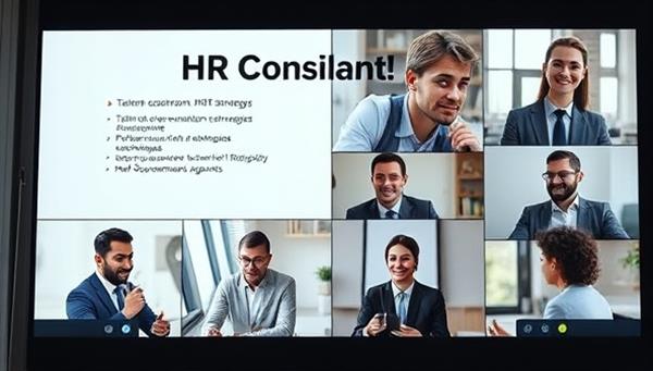 A virtual HR consulting session with a diverse team of government HR professionals engaging in a training workshop on talent acquisition strategies, performance evaluation techniques, and HR policy updates, symbolizing collaboration and HR excellence in government agencies.