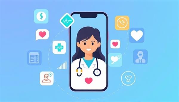 An illustration of a smartphone screen displaying a friendly virtual assistant avatar surrounded by medical icons and a heart rate monitor, symbolizing accessible and reliable healthcare guidance at your fingertips.