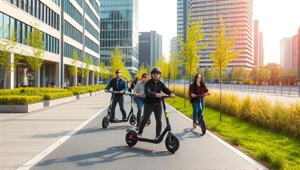 An urban setting with people riding electric scooters along bike lanes, with modern buildings and green spaces in the background, illustrating a sustainable and convenient transportation solution.