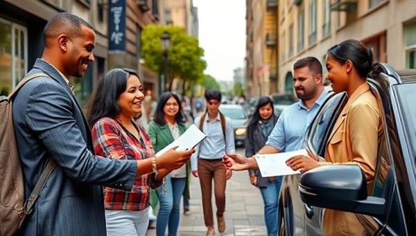 A vibrant city street scene with diverse individuals engaging in the peer-to-peer car rental process, showcasing a seamless exchange of keys and documents between car owners and renters, illustrating the convenience and community-building aspect of the car-sharing platform.
