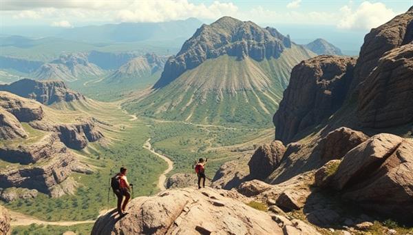 A virtual adventure expedition scene with avatars exploring a rugged landscape, navigating challenging terrain, and engaging in exciting activities like zip-lining and rock climbing, creating an immersive and thrilling virtual travel experience for adventure enthusiasts.