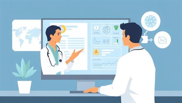 An illustration of a virtual medical consultation on the MedInsight platform, showing a doctor and a patient discussing medical reports on a computer screen, with medical charts and diagrams in the background, symbolizing expertise and personalized care.