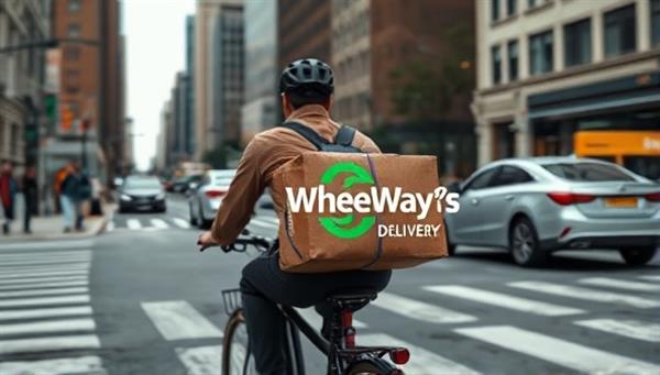 An image of a delivery cyclist navigating through city streets, carrying a package with the WheelWays Delivery logo, showcasing the efficiency and eco-friendliness of the service.