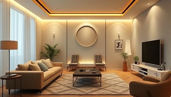 An elegant living room setting with smart home devices seamlessly integrated, showcasing voice-activated controls, automated lighting, and security features, creating a futuristic and convenient home environment that appeals to modern homeowners.