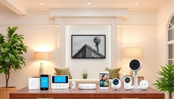 An inviting smart home setup with connected devices such as thermostats, lighting, and security cameras, showcasing seamless automation and energy-saving features, promoting a modern and eco-friendly lifestyle.