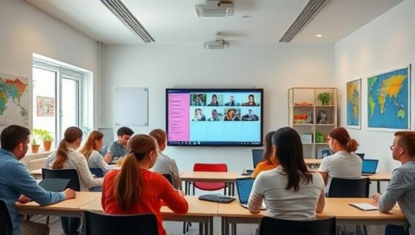 A vibrant digital classroom setting with a diverse group of students engaging with an enthusiastic tutor through video conferencing, showcasing a dynamic and interactive learning environment.