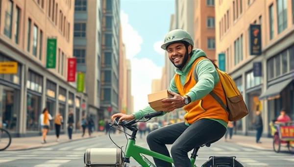 An artistic rendering of a cyclist delivering a package with a smile, showcasing the eco-friendly and personal touch of the bicycle delivery service in a bustling urban setting.