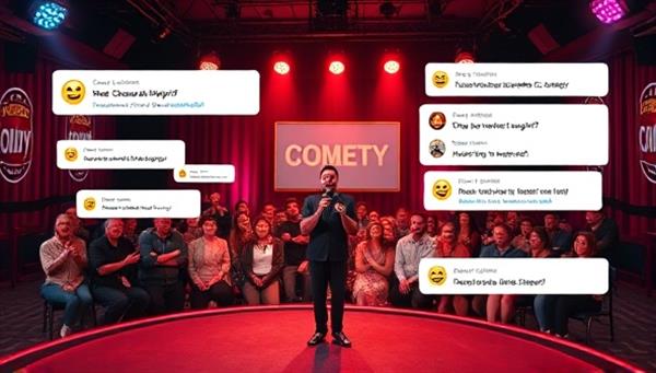A lively virtual comedy club setting with a stage, microphone, and colorful lights, showcasing a comedian delivering hilarious jokes to a virtual audience reacting with laughter emojis and comments, capturing the fun and interactive nature of online comedy shows.