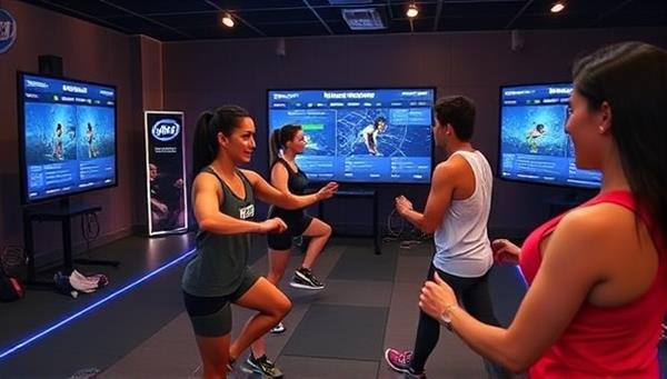 An energetic fitness gaming session with players engaging in various exercises, tracking their progress on-screen, and achieving fitness milestones in a virtual world, showcasing the fun and interactive nature of the platform.