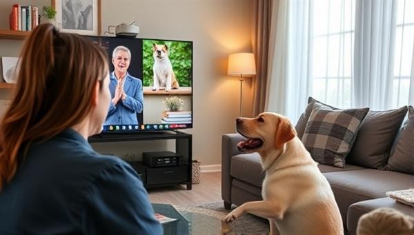 An online pet training session in progress, with a trainer demonstrating commands to a dog through video conferencing, while the pet owner follows along at home, showcasing interactive and engaging virtual training experience.