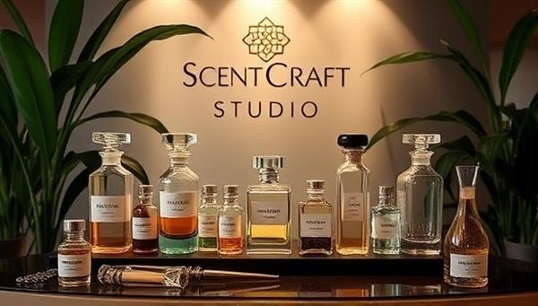 An elegant fragrance blending station at ScentCraft Studio featuring a variety of glass perfume bottles, scent notes, and blending tools, surrounded by lush greenery and soft ambient lighting, evoking a sense of luxury and creativity in bespoke fragrance creation.