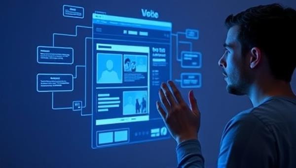 An individual interacting with a voice-activated interface projected in the air, manipulating website elements and content using only voice commands, illustrating the seamless and intuitive experience provided by VoxWeb Design
