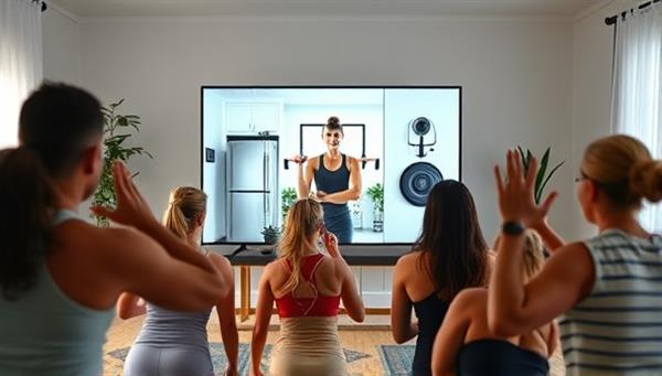 An engaging virtual workout session with a diverse group of people following a fitness instructor on a screen, displaying energy and motivation in their home workout space.