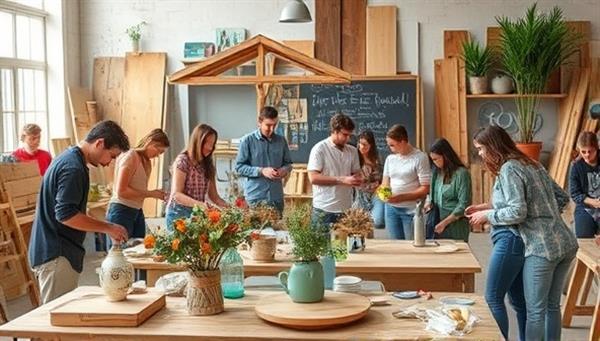 A group of workshop participants engaged in upcycling activities, transforming discarded construction materials into unique home decor items and furniture pieces, fostering a sense of creativity and sustainability in a vibrant workshop setting, symbolizing the essence of ReBuild Renewal Workshops.