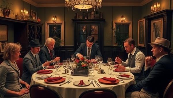 A dining room setting with elegantly dressed guests engaged in solving a mystery, surrounded by theatrical props and actors in character, setting the stage for an interactive and immersive dining experience.