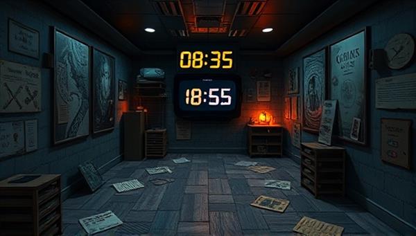 An immersive virtual reality scene within an escape room setting, showcasing intricate puzzles, mysterious clues, and a timer ticking down, creating a sense of urgency and excitement.