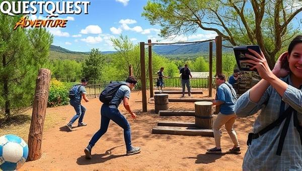 An exciting outdoor scene at the adventure game park, featuring players engaged in a challenging quest, navigating through obstacles and solving puzzles in a picturesque natural setting, capturing the thrill and excitement of the outdoor adventure gaming experience at QuestQuest Adventure Park.