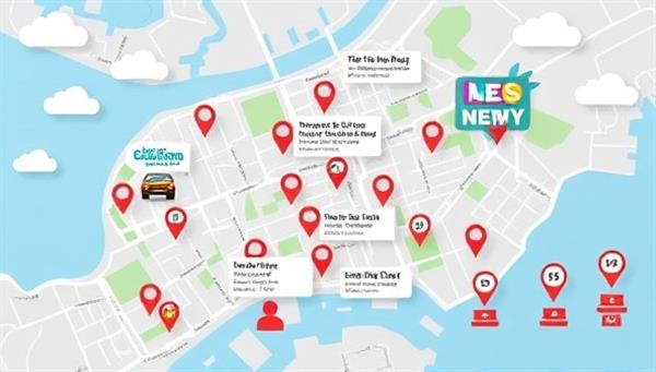 An interactive map illustration showcasing different neighborhoods with popping news bubbles, event notifications, and community forum icons, highlighting the platform