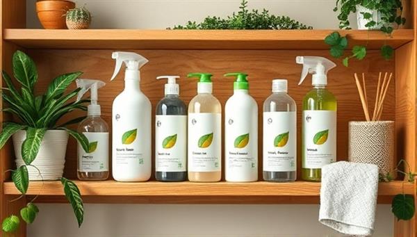 An eco-friendly cleaning product line displayed on a wooden shelf, featuring minimalist packaging with natural colors and leaf motifs, surrounded by green plants and eco-friendly cleaning tools, conveying a sense of cleanliness and sustainability in household care.