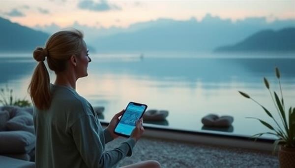 A calming mental wellness scene featuring a user engaging in mindfulness exercises on the MindfulSoul Companion app, surrounded by serene nature visuals and soothing ambient sounds, promoting relaxation and emotional balance through personalized mental wellness experiences.
