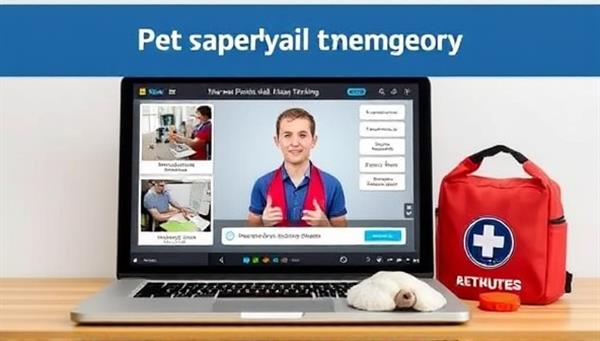 An online pet first aid training course interface with interactive modules, a virtual instructor guiding through emergency procedures, and a pet safety kit displayed in the background, emphasizing the importance of being prepared for pet emergencies through education and training.
