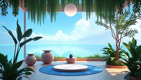 A serene visual of a virtual oasis setting within the platform, featuring calming visuals, relaxation exercises, and mindfulness activities designed to promote mental wellness and stress relief for gamers, creating a peaceful and supportive space for users to recharge and rejuvenate.