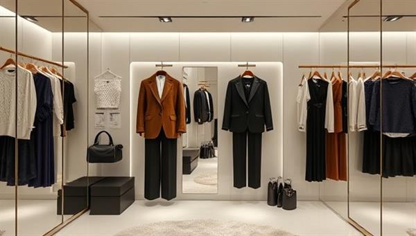 An elegant virtual dressing room interface displaying a digital mirror with adjustable clothing options, accessories, and style suggestions, creating a personalized and interactive styling experience for users.