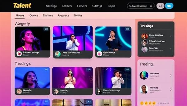 A visually appealing online platform interface showcasing different talent categories with vibrant thumbnails of performances, user engagement features, and a trending section, creating a dynamic and interactive space for talent discovery.