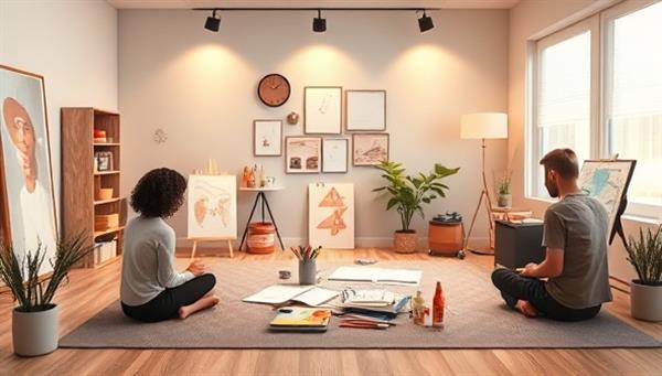 A serene digital art studio setting with soothing colors, soft lighting, and art supplies arranged for a therapeutic workshop, featuring avatars engaged in expressive art-making, journaling, and relaxation exercises, creating a safe and healing space for emotional exploration and self-discovery.
