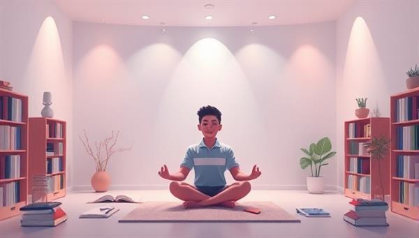 An immersive digital illustration of a serene meditation space with calming colors, soft lighting, and a student meditating peacefully, surrounded by books and study materials, creating a harmonious blend of mindfulness and academics.