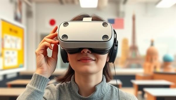 An individual wearing a VR headset, fully immersed in a virtual language classroom environment surrounded by interactive language lessons and cultural landmarks, creating a futuristic and captivating learning experience.