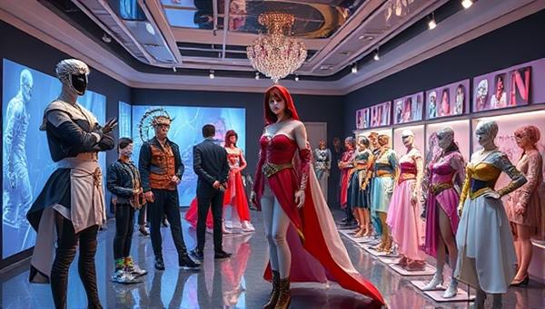 An artistic representation of a virtual cosplay studio filled with digital mannequins displaying intricate virtual costumes and accessories, with users interacting and collaborating on character designs, capturing the essence of creativity and community in the digital cosplay world.