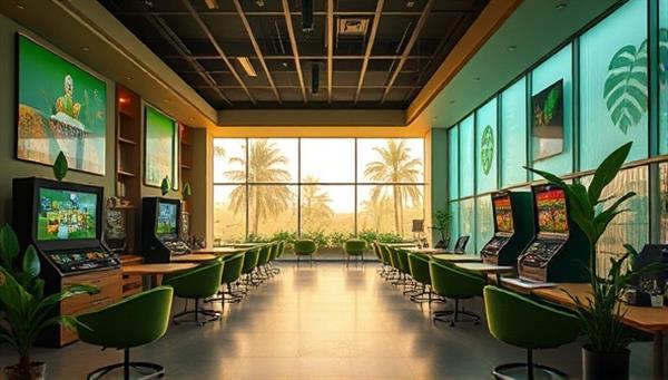 A tranquil image of a modern and eco-friendly gambling lounge adorned with sustainable materials, energy-efficient lighting, indoor plants, and nature-inspired motifs, creating a harmonious and environmentally conscious atmosphere at Green Gamble Oasis.