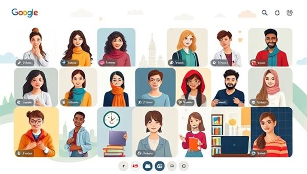 An online platform interface showcasing diverse users engaging in language lessons, cultural exchange activities, and virtual conversations, fostering a sense of global connection and learning.